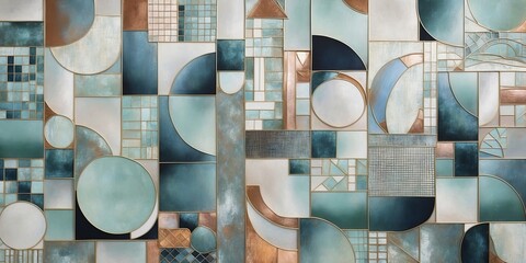 Poster - Abstract geometric shapes in shades of blue and copper, with hints of gold trim