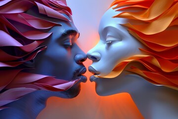 Wall Mural - mesmerizing surreal digital artwork with vivid colors showing two abstract faces blending with dynam
