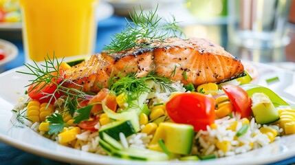 Wall Mural - Stunning Healthy Meal with Perfectly Grilled Red Fish on Colorful Rice and Vegetables, Garnished with Fresh Dill and Celery, Accompanied by a Tall Glass of Orange Juice