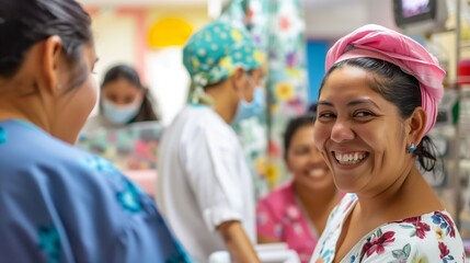 A cheerful patient in a colorful hospital ward shares a smile with healthcare workers, illustrating the positive and supportive environment in medical care.