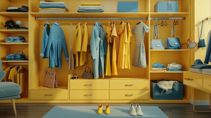 Modern wardrobe with stylish yellow-blue women's clothes and accessories. Shelves with women's clothes