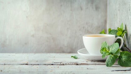 Poster - Mint tea on white wooden surface with space for text