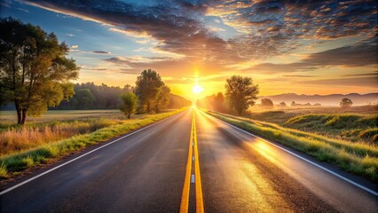 Sticker - American road at sunrise with soft golden light shining on the pavement, sunrise, road, American, highway, morning