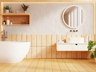 Wall Mural - Bathroom interior with a warm and inviting ambiance features a sleek white bathtub, a wooden vanity with a modern round mirror- 3D rendering