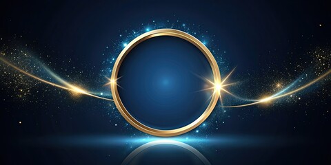 Wall Mural - Abstract luxury dark blue circle with golden ring and glitter ribbon lines on dark background, luxury, abstract