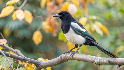 Canvas Print - Magpie bird perched on autumn tree branch among leaves, blurred background, magpie, bird, autumn, tree branch, leaves