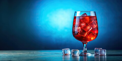 Sticker - Close up of a red mocktail glass with ice cubes on a vibrant blue background, mocktail, glass, red, ice cubes, close up