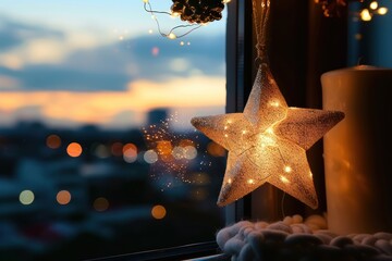 Wall Mural - Golden Starlight Festive Banner with Bokeh on Dark Night Sky