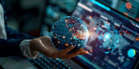 Wall Mural - A business professional holding an AI digital globe, with holographic data and code visualizations around them on the laptop screen, representing global technology connection.