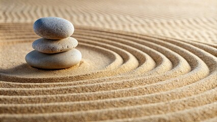 Poster - Serene zen garden with balanced pebbles on raked sand promoting calmness and mindfulness, Zen, garden, pebbles, balanced