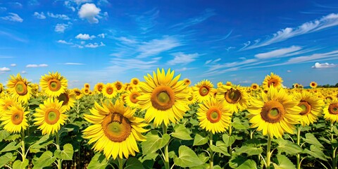 Wall Mural - Field of bright yellow sunflowers under a clear blue sky , yellow, flowers, field, nature, sunny, bloom, petals, flora