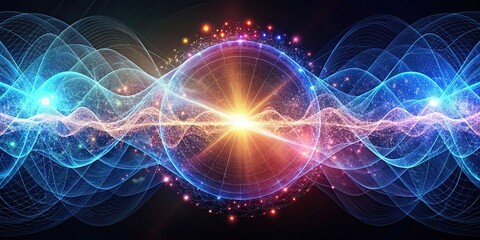 Wall Mural - abstract representation of quantum particle field with shifting light waves, quantum, particle, fiel