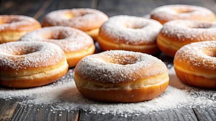 Poster - Closeup of delicious doughnuts covered in icing sugar, sweet, dessert, bakery, tasty, snack, treat, sugar, delicious, glazed