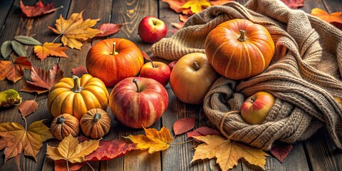 Canvas Print - An autumn still life featuring pumpkins, fallen leaves, apples, and a cozy scarf, autumn, still life, pumpkins, fallen leaves