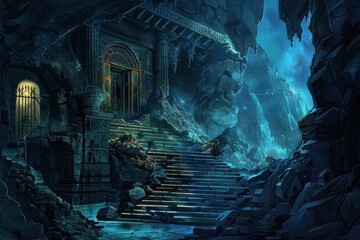 Ancient temple ruins in a deep dark ocean setting with glowing blue light