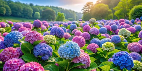 Sticker - Beautiful and vibrant hydrangea flowers in full bloom, hydrangea, purple, garden, floral, plant, bloom, vivid, color