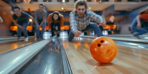 Group of friends having fun bowling together throwing orange ball