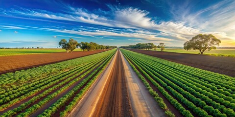 Sticker - Wide angle shot of an empty road in front of an Australian carrot crop field , agriculture, Australian agriculture, farm, carrot