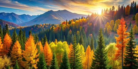 Wall Mural - Beautiful picture of pine trees in sunlight against a colorful fall backdrop in the mountains, nature, autumn, landscape, trees