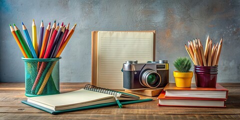 of study and creativity essentials including books, notebooks, pencils, paint, and a camera , education, learning