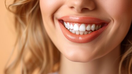 Poster - Close up portrait of beautiful woman smiling with white teeth and healthy lips on beige background.