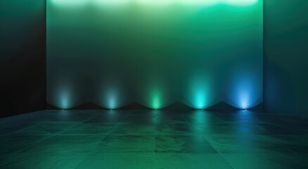 Sticker - Green and Blue Light Wall with Floor Reflections in Modern Abstract Interior