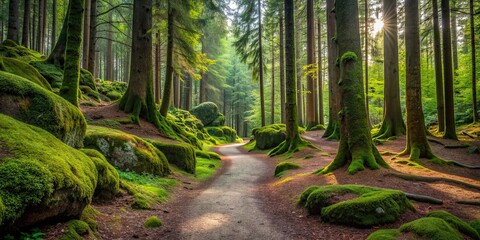 Sticker - A serene path winding through the woods surrounded by moss-covered boulders and tall trees, woods, path, boulders, trees, nature