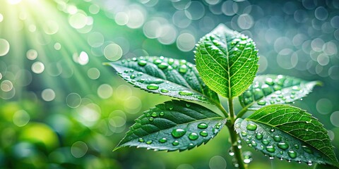 Poster - Close-up of ginseng leaves with water droplets, bokeh background, ginseng, leaves, water droplets, close-up