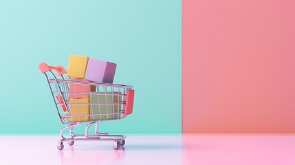 Wall Mural - Colorful blocks in a shopping cart against a pastel background, minimal design concept for online store banners.