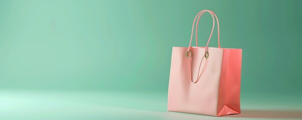 Wall Mural - 3D render of a pink shopping bag on a pastel green background, ideal for design mockups with ample copy space.