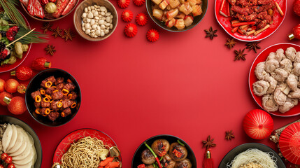 Wall Mural - Chinese new year, food that is popularly eaten during Chinese New Year, dumplings, duck, fish, pork, and desserts are placed on the table in a beautiful arrangement.