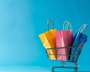 Wall Mural - Colorful paper bags in a shopping cart, blue background, online retail banner, space for text.