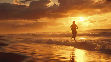 Silhouette of a man running on a beach at sunset . Men's Health.