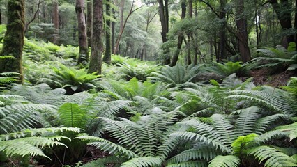 Wall Mural - Lush green ferns in a tranquil forest setting, nature, foliage, greenery, peaceful, forest floor, botany, plant, environment