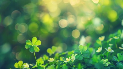 Poster - A vibrant close-up of clover leaves illuminated by sunlight, highlighting their lush green color and natural beauty.