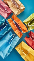 Wall Mural - Colorful shopping bags arranged in a flat lay on a blue backdrop, ideal for sale promotions, with professional color grading and clean focus.