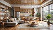 © Sujid - render of modern Japandi style kitchen, living room, and dining room , minimalist, Japanese, Scandinavian