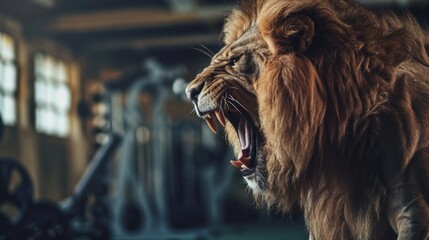 A strong male lion roars in the gym. bodybuilding concept