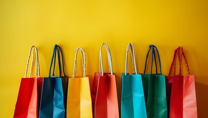 Wall Mural - Colorful shopping bags on a yellow backdrop, ideal for autumn sale banners with soft light and ample copy space.