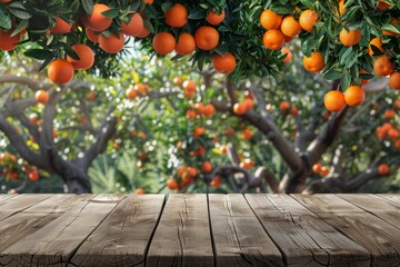 Poster - Orange trees background with wooden table top design