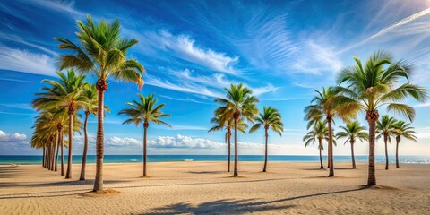 Sticker - Empty summer beach with palm trees , tropical, serene, peaceful, tranquil, vacation, sand, sea, ocean, relax, getaway