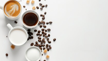 Sticker - Overhead shot of espresso milk and sugar on a white background with room for text