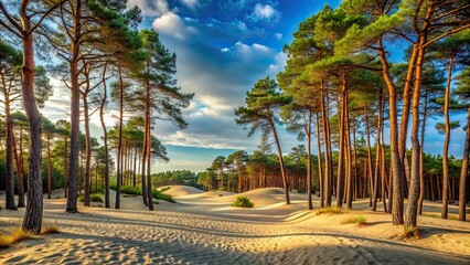 Canvas Print - A tranquil dune forest with tall trees and soft sand underfoot, Dune, forest, trees, sandy, tranquil, nature