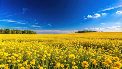 Wall Mural - Vibrant field of yellow flowers under a clear blue sky , nature, landscape, bright, sunny, spring, summer, blooming, meadow