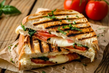 Wall Mural - Panini caprese with melted mozzarella and basil on sandwich paper on a wooden table