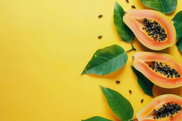 Sticker - Papaya and leaf arrangement on yellow backdrop Food presentation design Flat lay concept