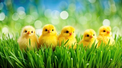 Sticker - Easter decoration featuring vibrant green grass and cute chicks, Easter, decoration, green grass, chicks, vibrant, spring