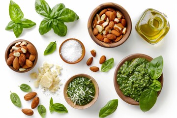 Wall Mural - Pesto ingredients on white background top view