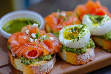 Poster - Photo for menu of healthy and wholesome food Bruschetta with avocado feta pesto poached egg and salmon