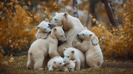 Wall Mural - A group of white bears are embracing on the lawn